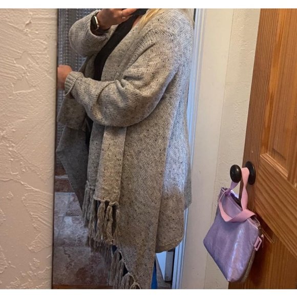 Grey Cardigan Boho Sweater Cover Up Poncho Wrap Knit Tassels Trendy Womens Top - Picture 8 of 12